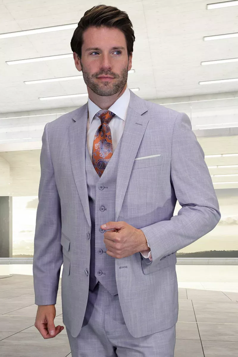 Men's Designer Two Button Vested Summer Sharkskin Wool Suit in Lavender