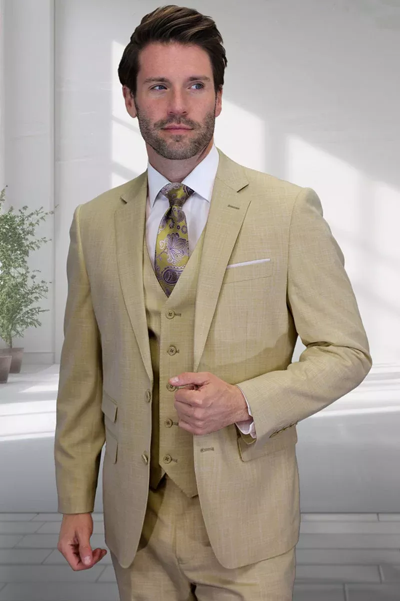 Men's Designer Two Button Vested Summer Sharkskin Wool Suit in Tan