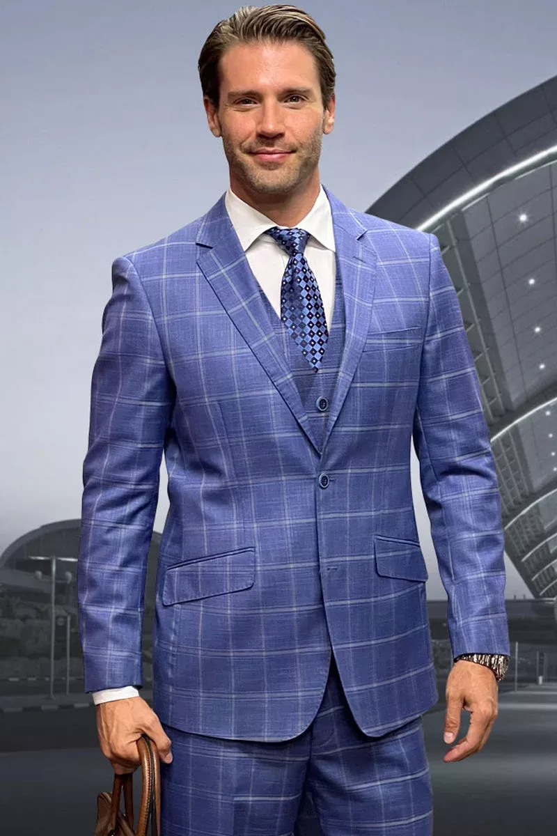 Men's Designer Two Button Vested Wool Windowpane Suit in Indigo Blue