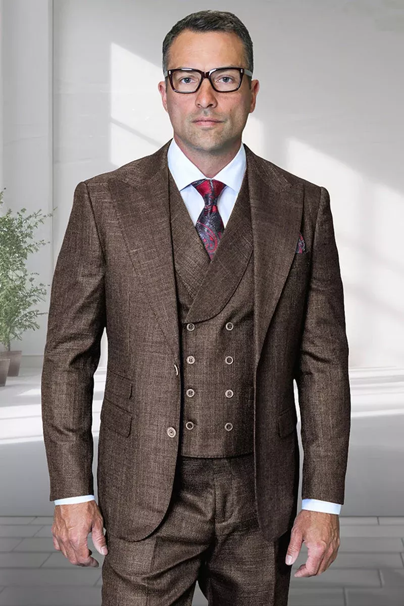 Men's Designer Two Button Wool Sharkskin Suit in Brown with Double Breasted Vest