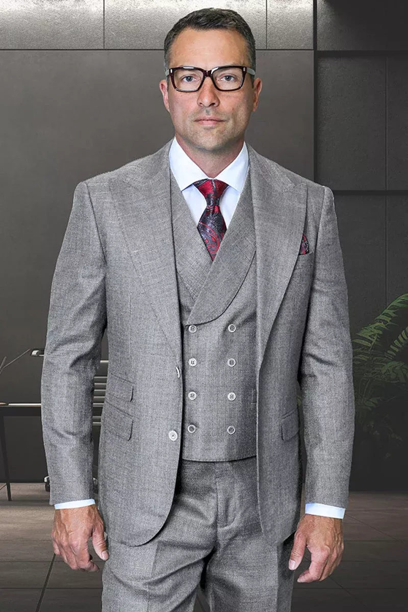 Men's Designer Two Button Wool Sharkskin Suit in Grey with Double Breasted Vest