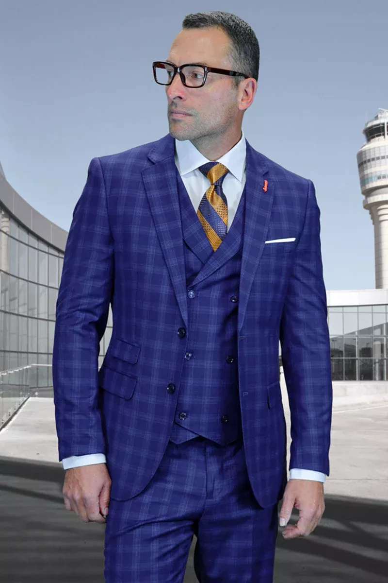 Men's Designer Two Button Wool Suit in Cobalt Glen Plaid with Double Breasted Vest