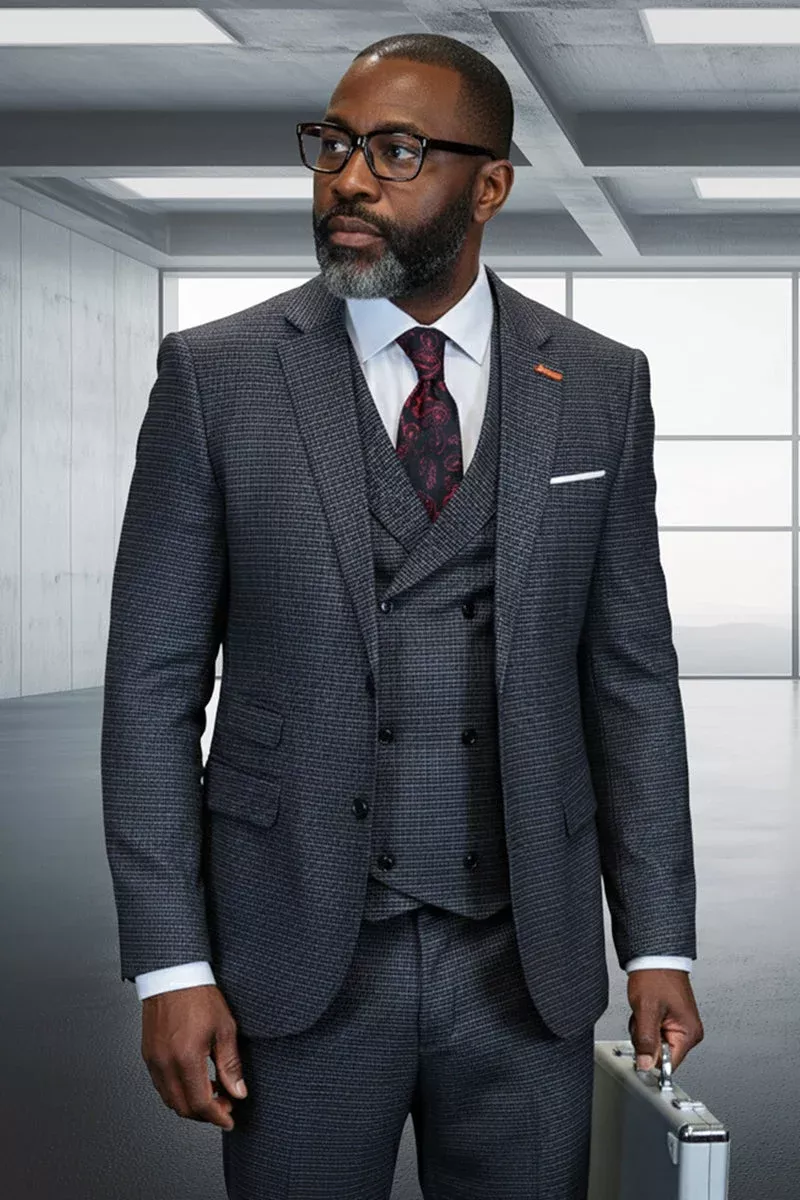 Men's Designer Two Button Wool Suit in Dark Grey Micro Plaid with Double Breasted Vest