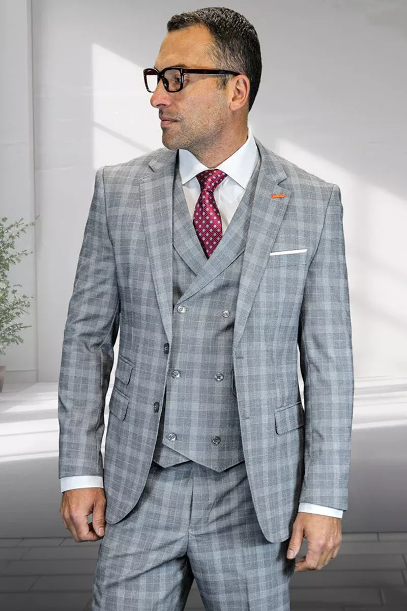 Men's Designer Two Button Wool Suit in Light Grey Glen Plaid with Double Breasted Vest