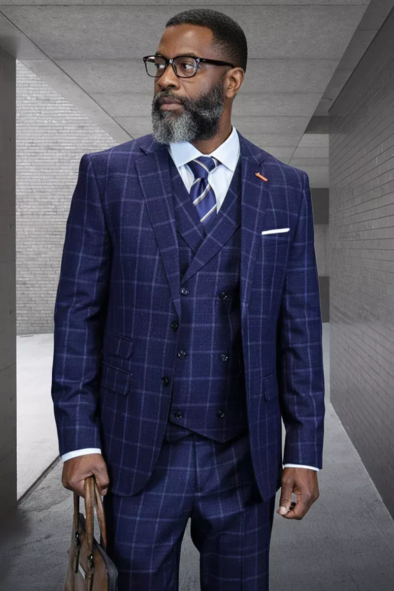 Men's Designer Two Button Wool Suit in Midnight Blue Windowpane Plaid with Double Breasted Vest