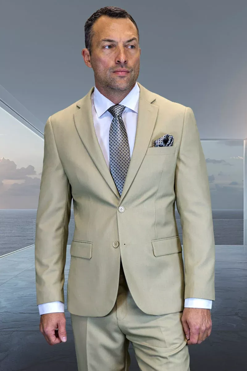 Men's Designer Two Piece Modern Fit Wool Suit in Beige