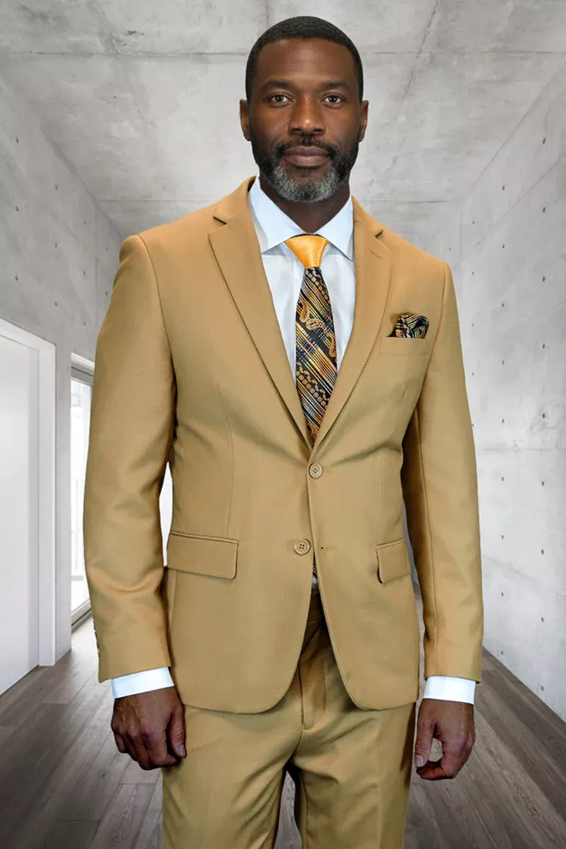 Men's Designer Two Piece Modern Fit Wool Suit in Camel