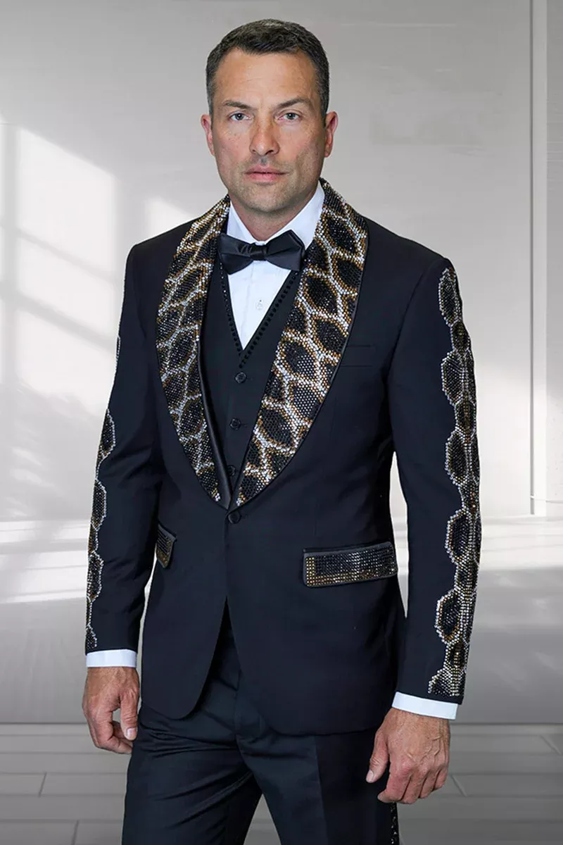 Men's Designer Wool Vested Shawl Tuxedo in Black with Sequin Python Print