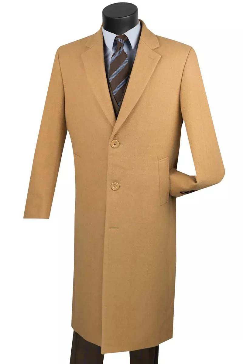 Men's Full Length Wool & Cashmere Overcoat in Camel