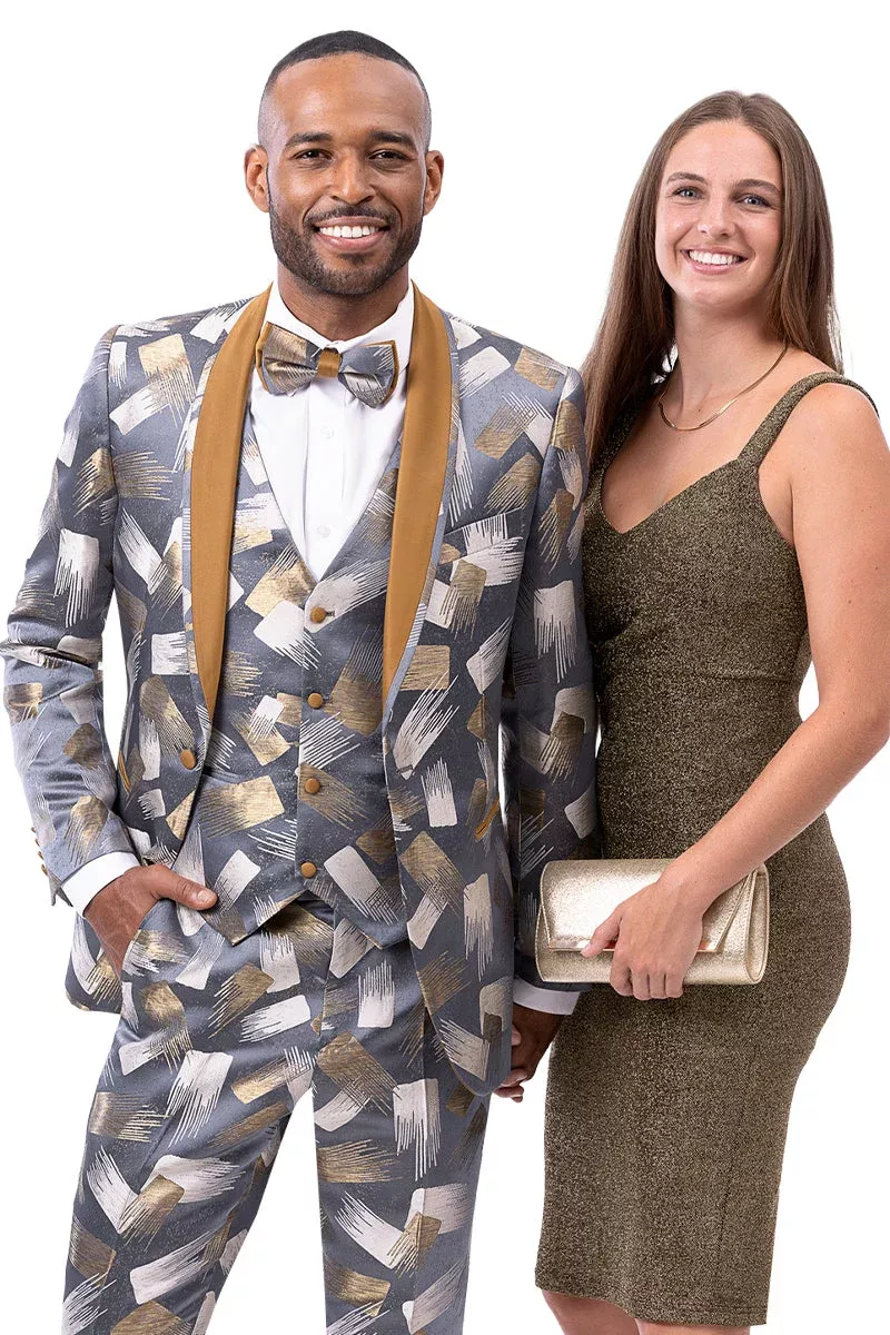 Men's Gray & Gold Satin Paint Stroke Print Tuxedo