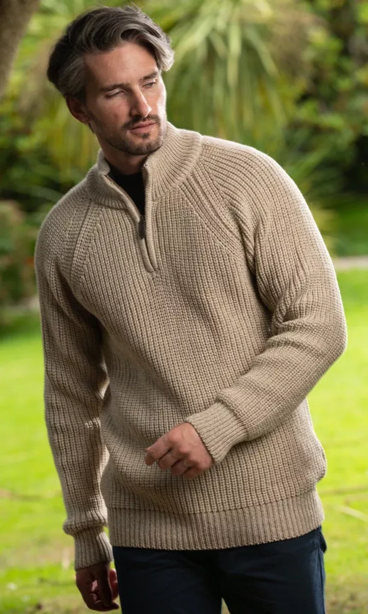 Men's half zip ribbed sweater Camel