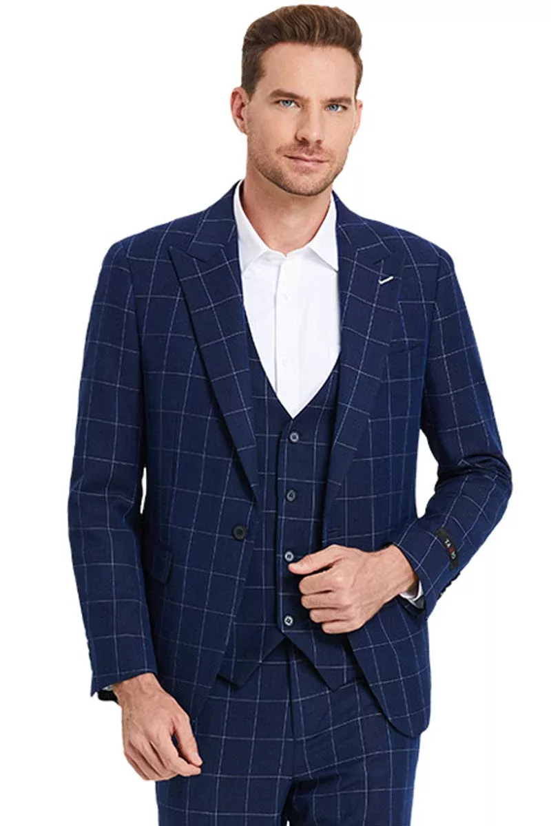 "Men's NavyWindowpane Plaid Suit - One Button Peak Lapel Vested"