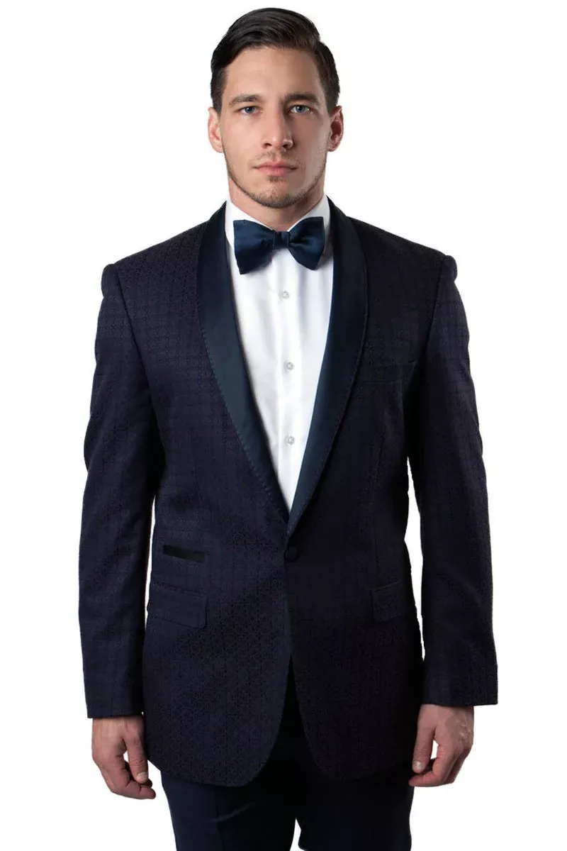 Men's One Button Check Pattern Shawl Tuxedo Jacket in Blue & Burgundy