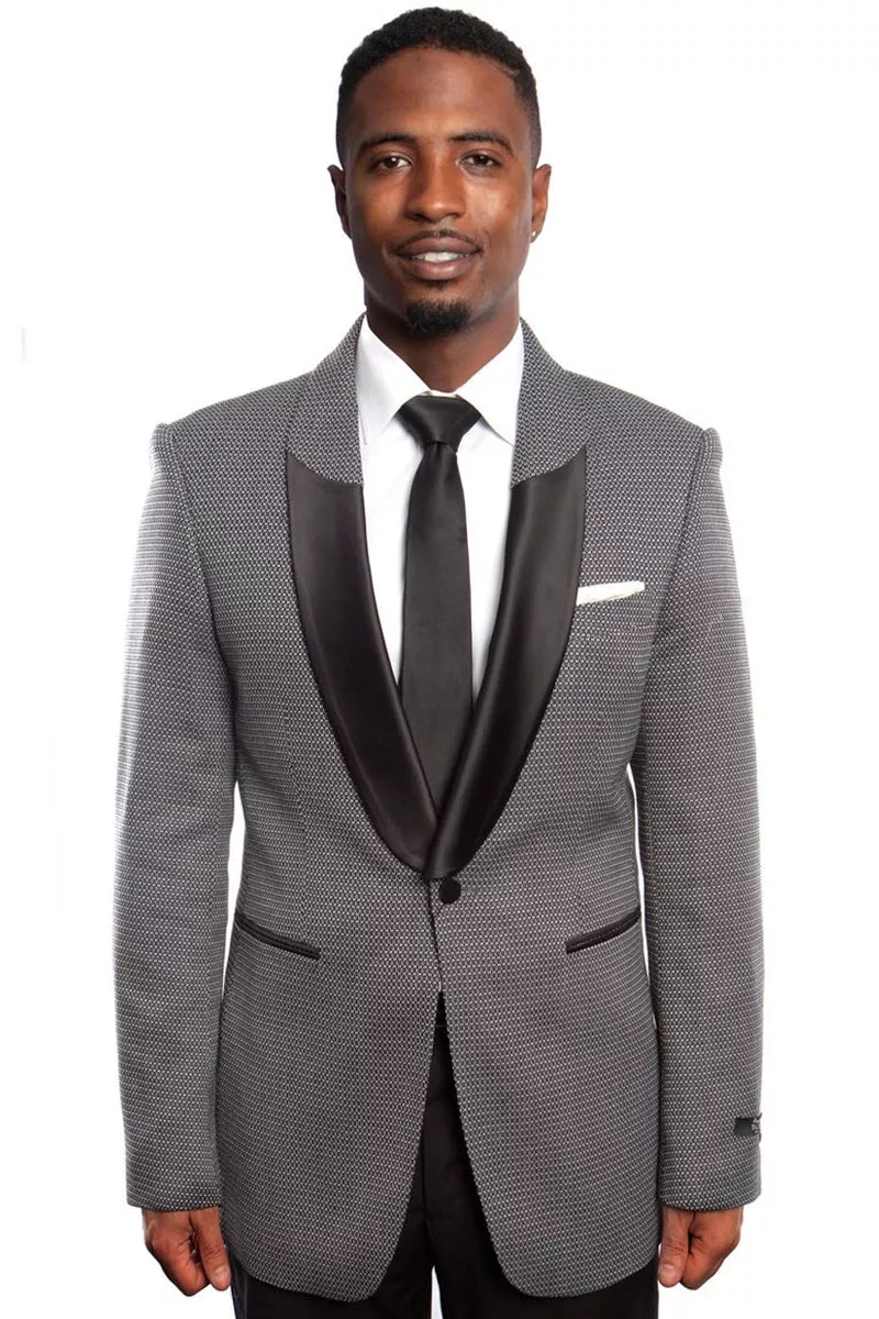 Men's One Button Half Satin Shawl Lapel Mico Check Blazer in Black