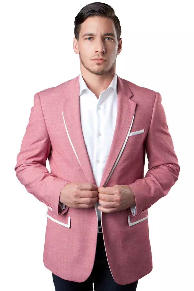 Men's One Button Summer Blazer in Salmon Pink with White Trim