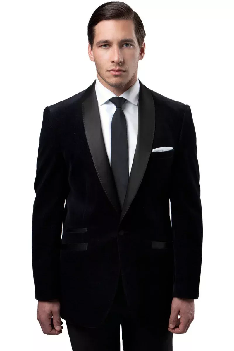 Men's One Button Velvet Shawl Collar Tuxedo Jacket in Black