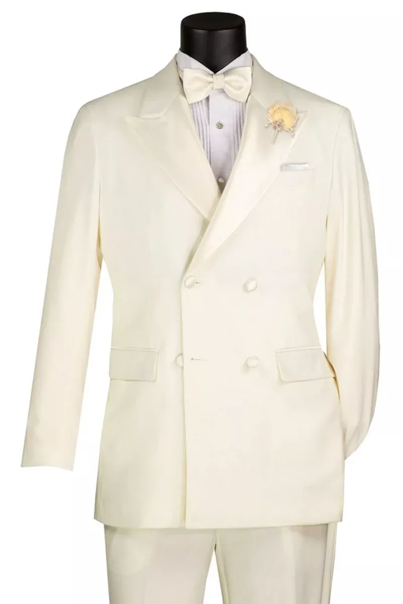 Men's Regular Fit Double Breasted Tuxedo in Ivory Off White