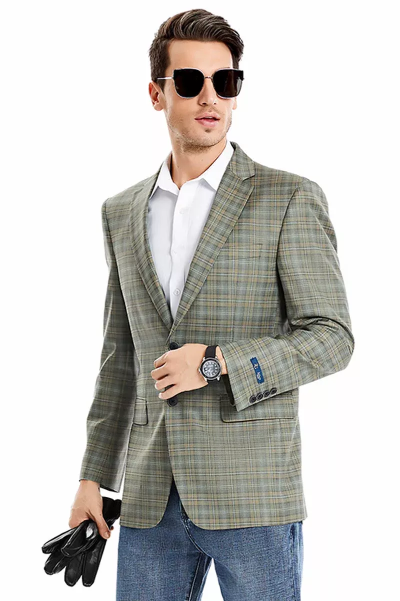 "Men's Regular Fit Windowpane Plaid Sport Coat - Two Button Blazer in Olive Green"