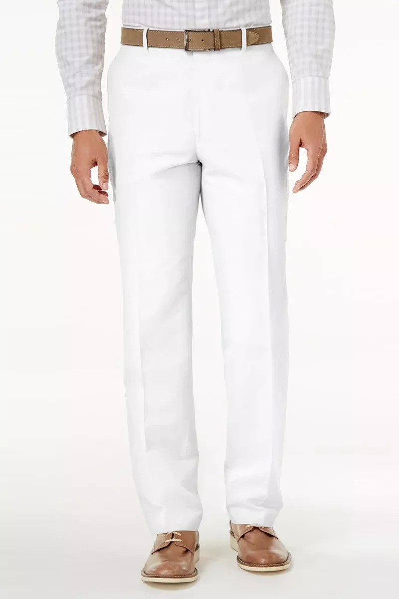 Men's Regular Fit Wool Feel Flat Front Dress Pants in White