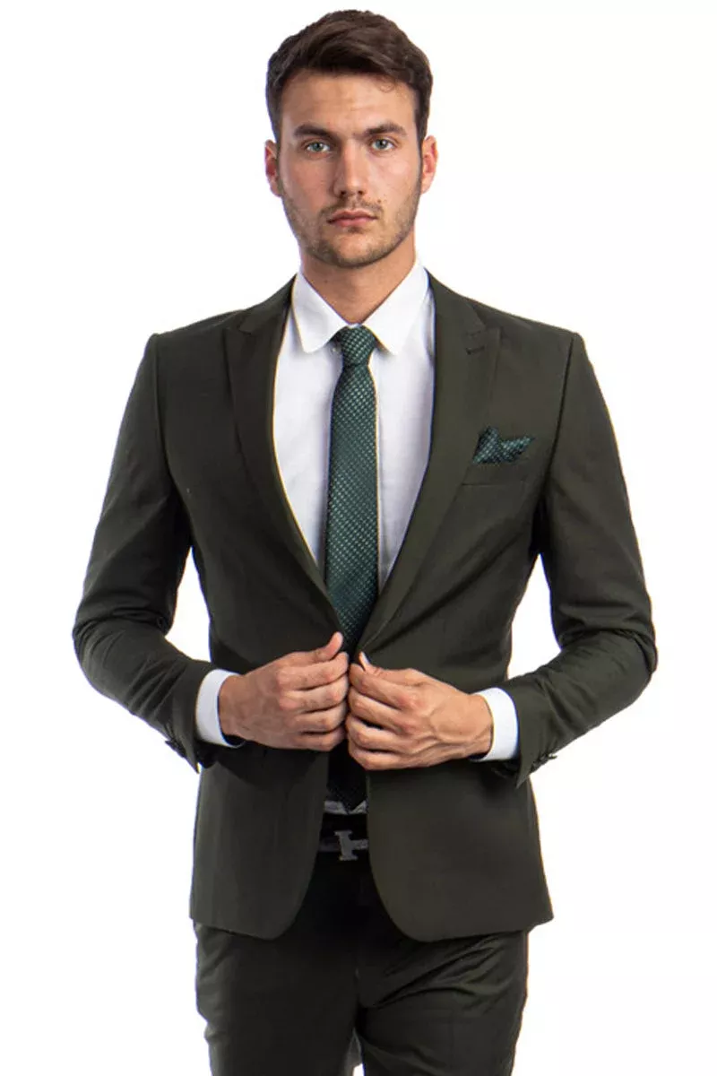 "Men's Slim Fit Suit - One Button Peak Lapel in Dark Olive Green"