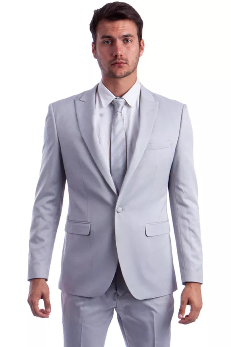 "Men's Slim Fit Suit - One Button, Peak Lapel in Light Grey"