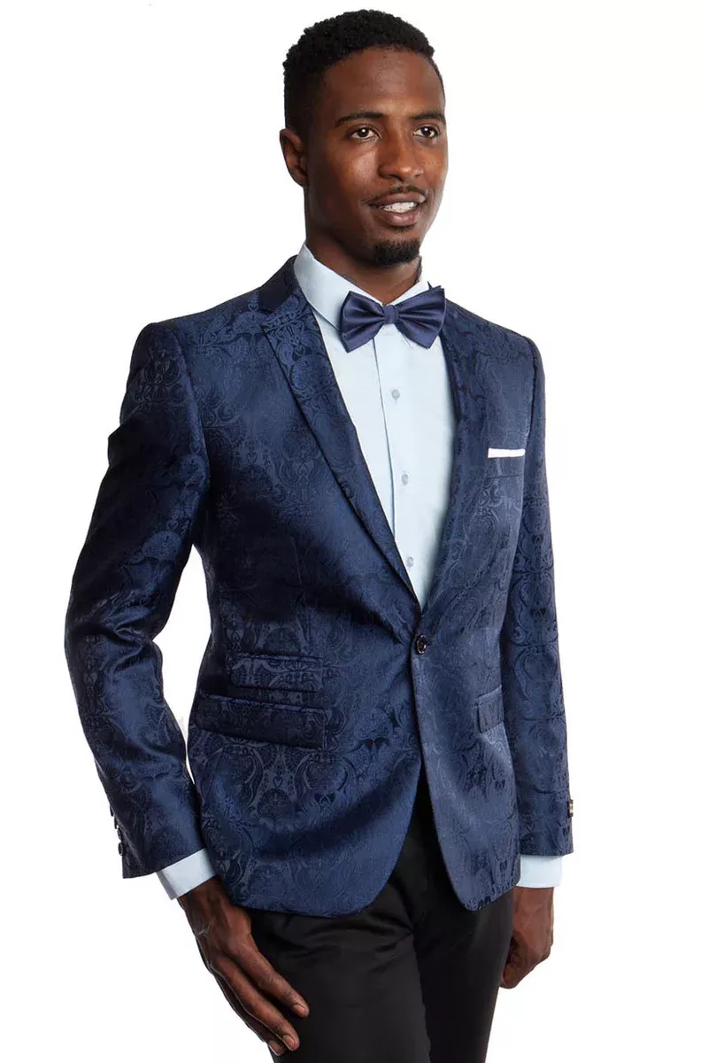 Men's Slim Fit Two Button Blazer in Navy Paisley