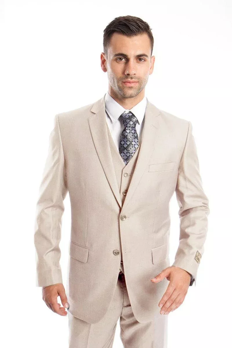 "Men's Solid Tan Wedding Suit - Two Button Vested Business Attire"