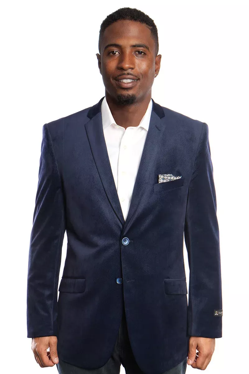 Men's Two Button Diagonal Weave Velvet Blazer in Navy Blue