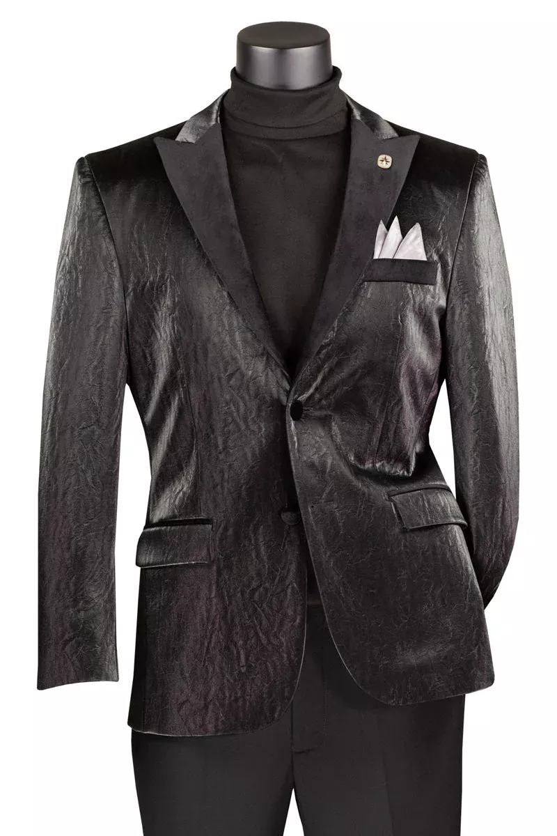 Men's Two Button Peak Lapel Vegan Leather Blazer in Black