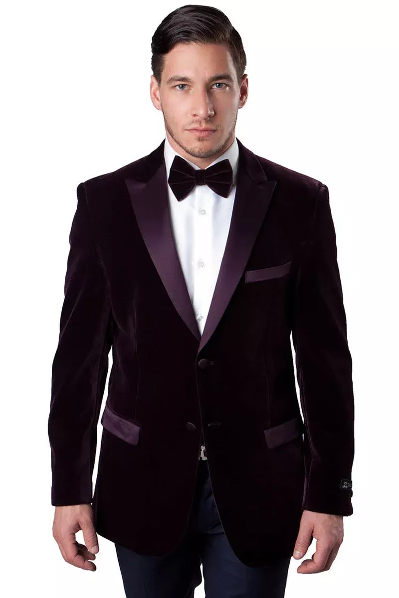 Men's Two Button Velvet Tuxedo Dinner Jacket in Burgundy