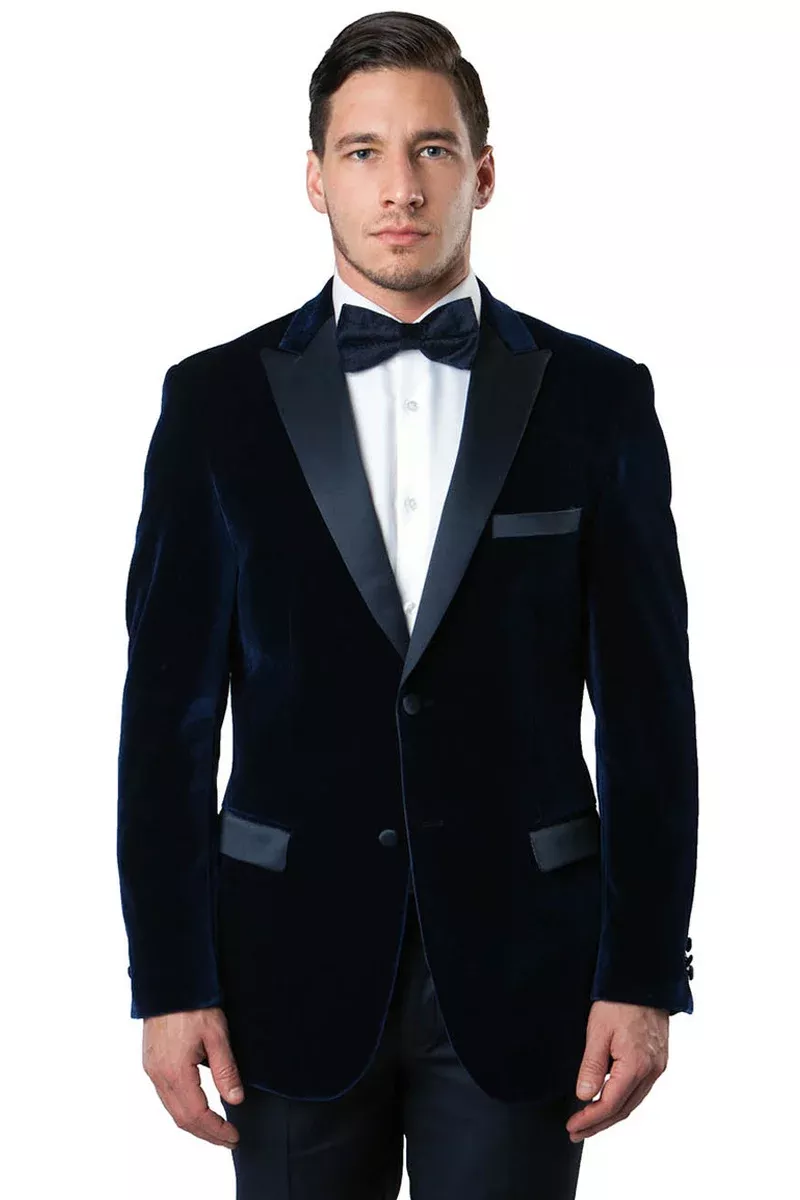 Men's Two Button Velvet Tuxedo Dinner Jacket in Navy Blue
