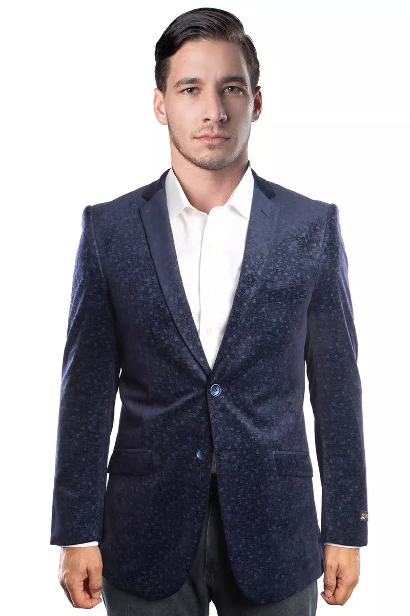 Men's Two Button Weave Pattern Velvet Blazer in Navy Blue