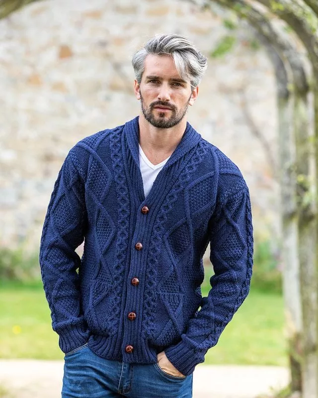 Men's V Neck Aran Cardigan Deep Water Blue