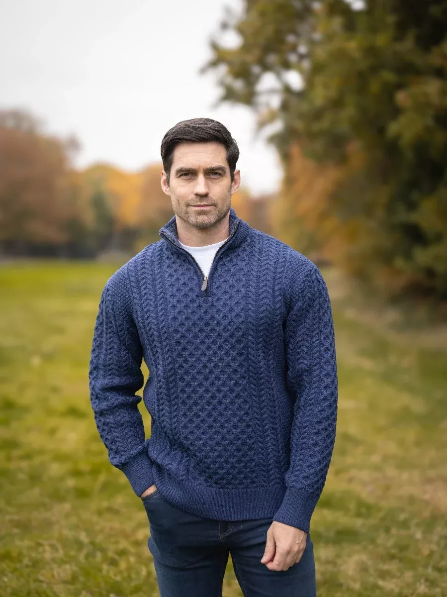 Mens Aran Half Zip Neck Sweater Deep Water Blue