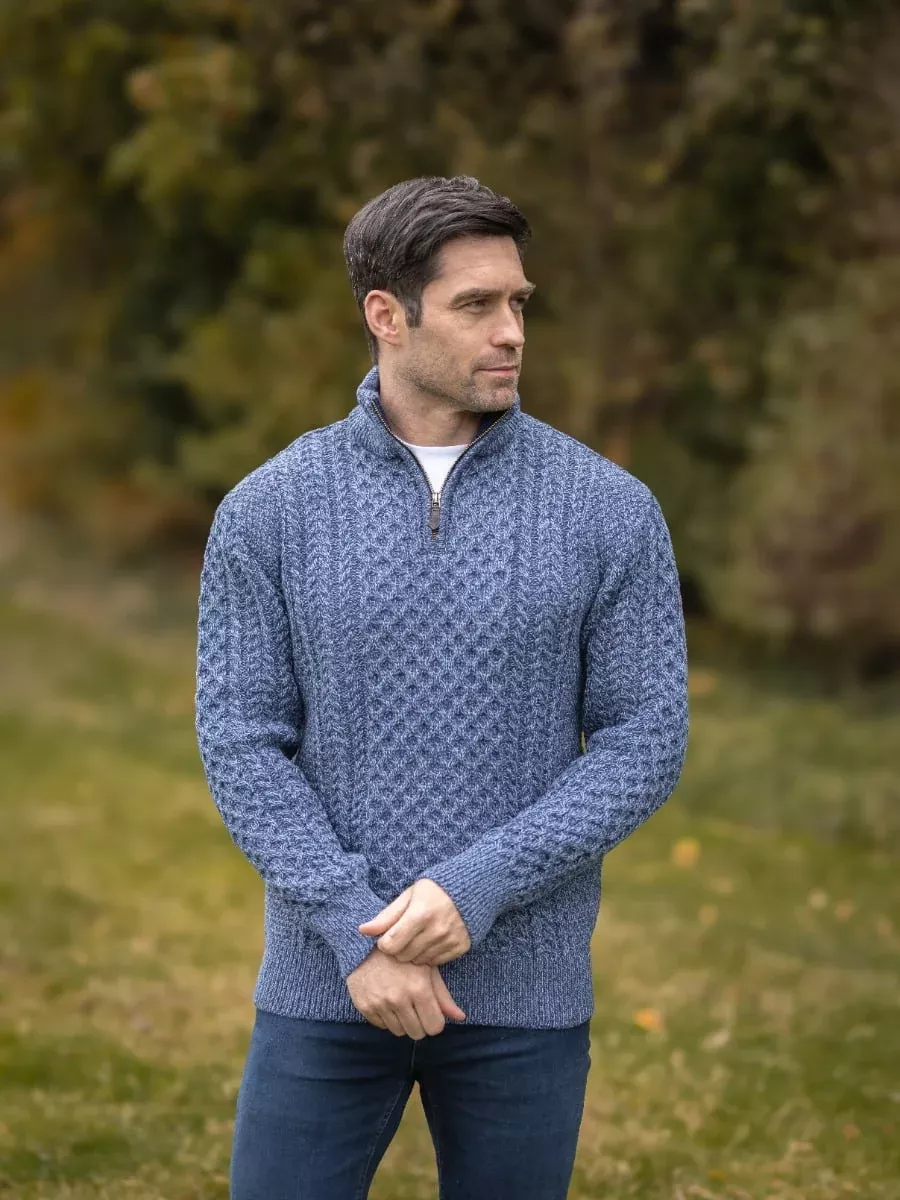 Mens Aran Half Zip Neck Sweater Denim Marl
