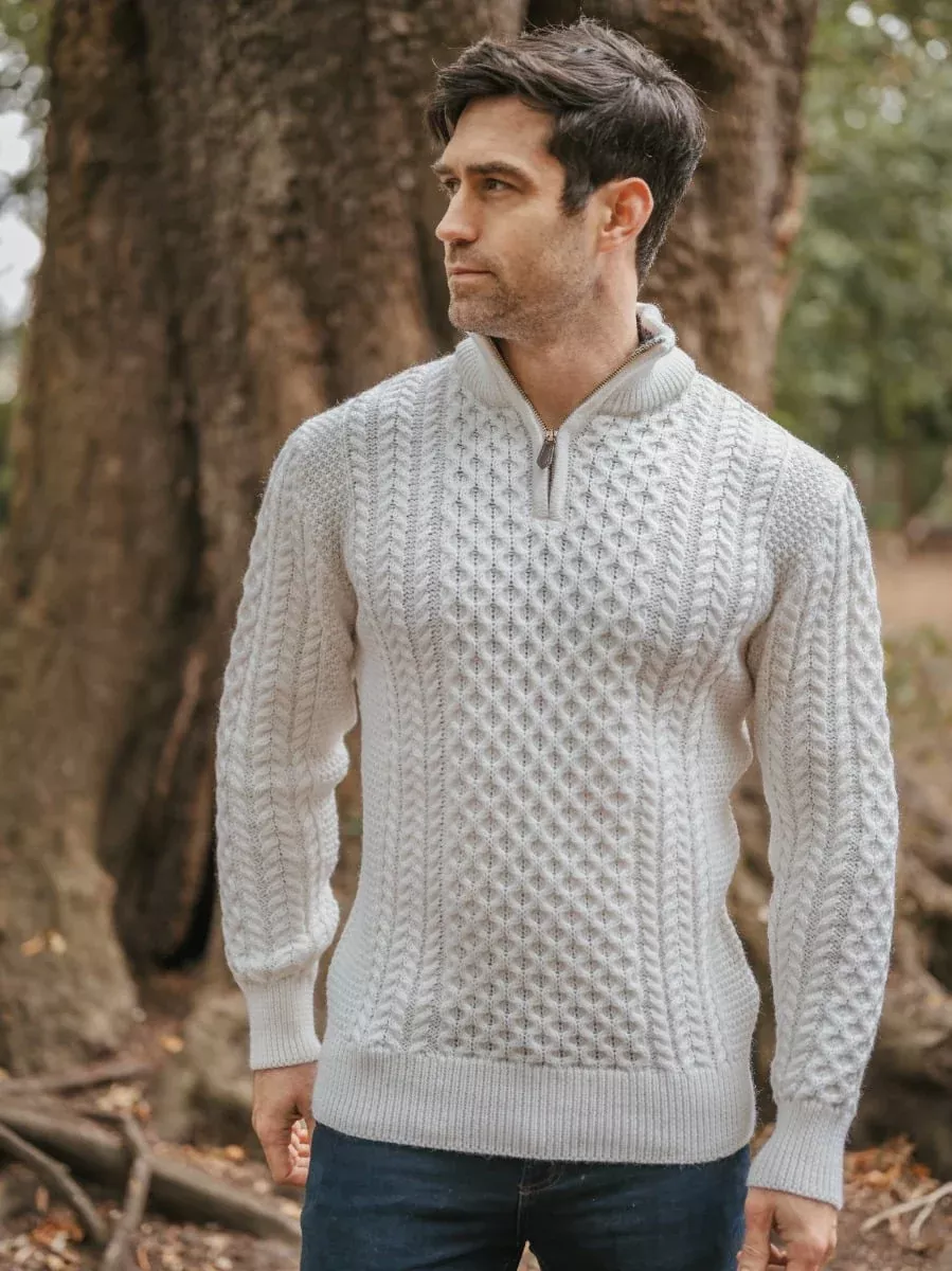 Mens Aran Half Zip Neck Sweater Natural