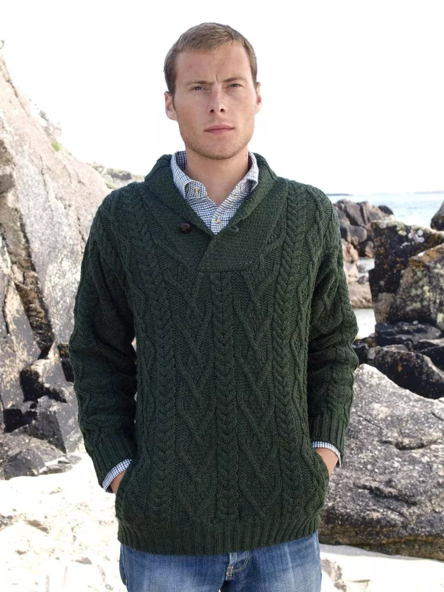 Mens Aran Shawl Neck Sweater Green