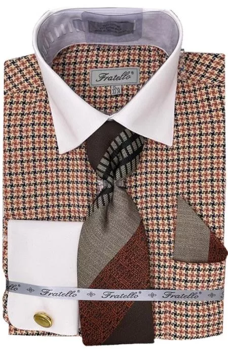 Mens Beige Plaid Dress Shirt