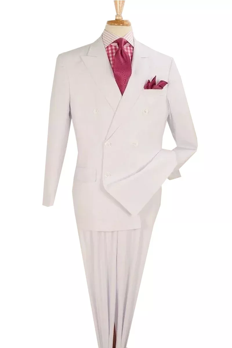 Mens Classic Double Breasted Luxury Wool Feel Suit in White