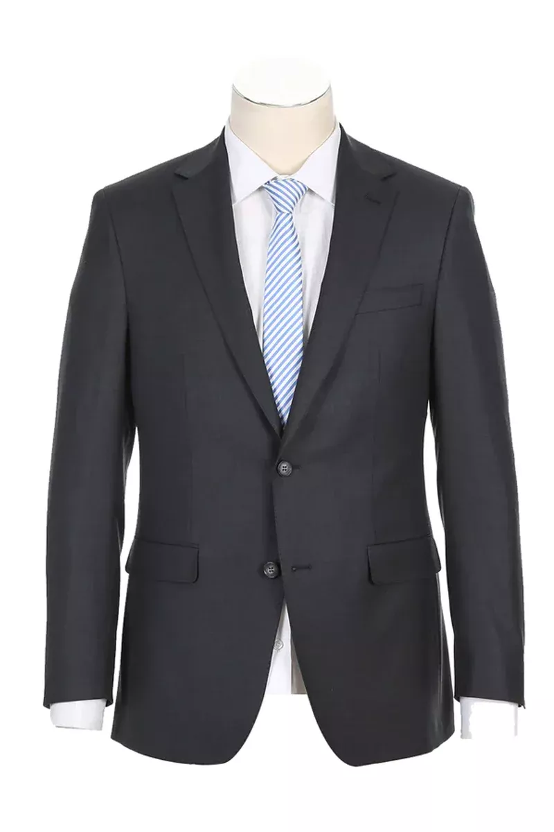 Mens Designer Two Button Classic Fit Half Canvas Wool Suit in Charcoal Grey