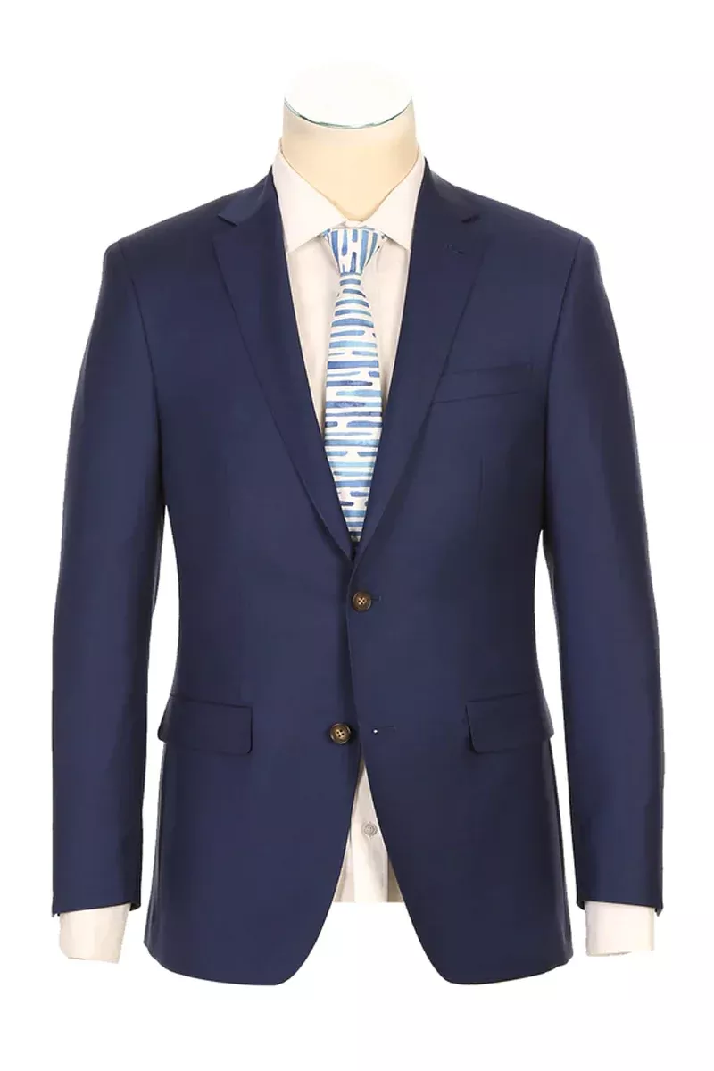 Mens Designer Two Button Modern Fit Half Canvas Wool Suit in Indigo Blue