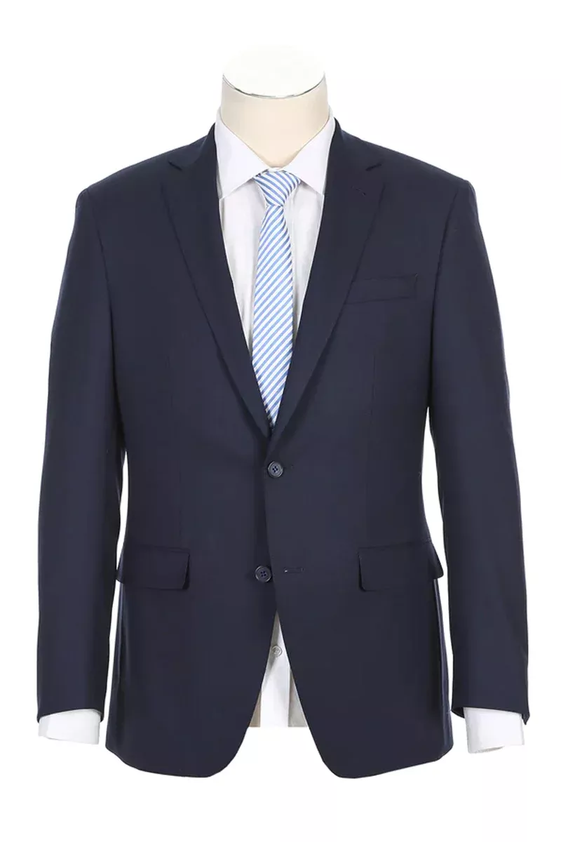 Mens Designer Two Button Modern Fit Half Canvas Wool Suit in Navy Blue