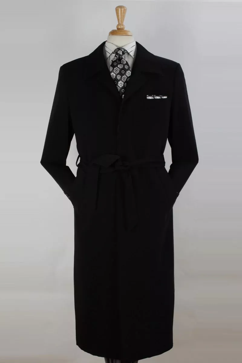 Mens Full Length Long Belted Overcoat in Black