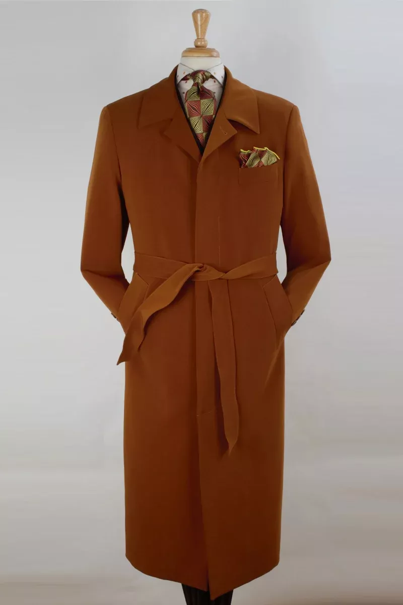 Mens Full Length Long Belted Overcoat in Copper
