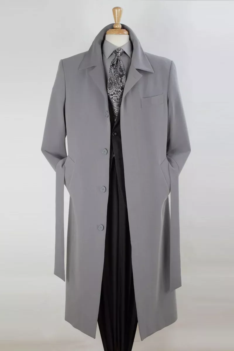 Mens Full Length Long Belted Overcoat in Grey