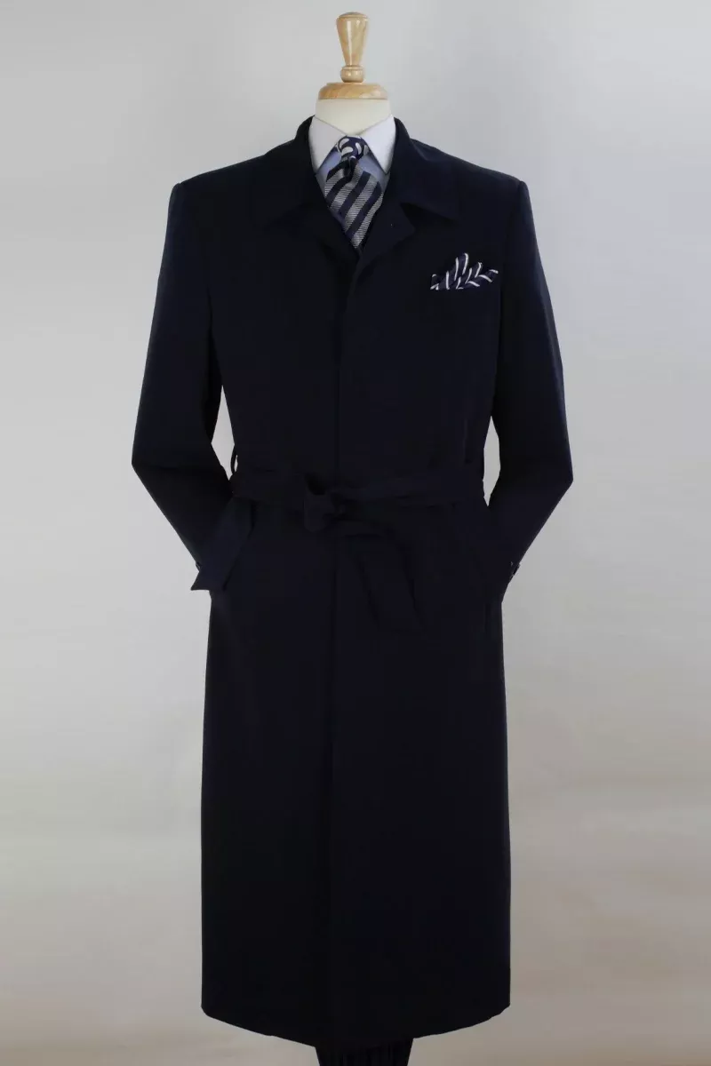 Mens Full Length Long Belted Overcoat in Navy