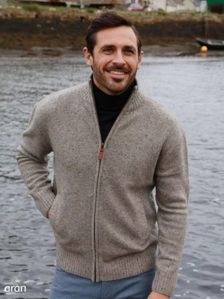 Mens Full Zip Cardigan Lambswool Beige