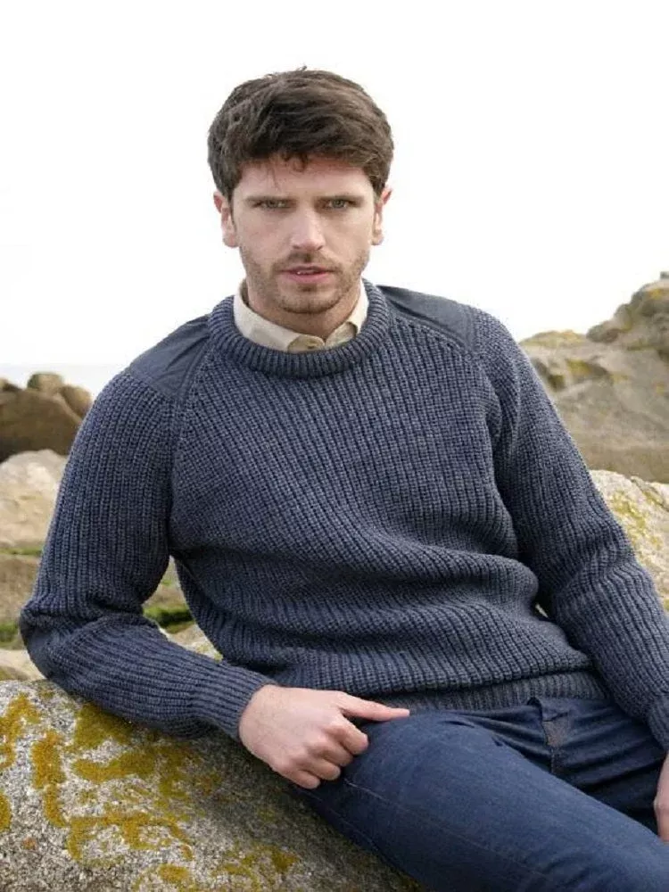 Mens Merino Wool Ribbed Sweater with Patches