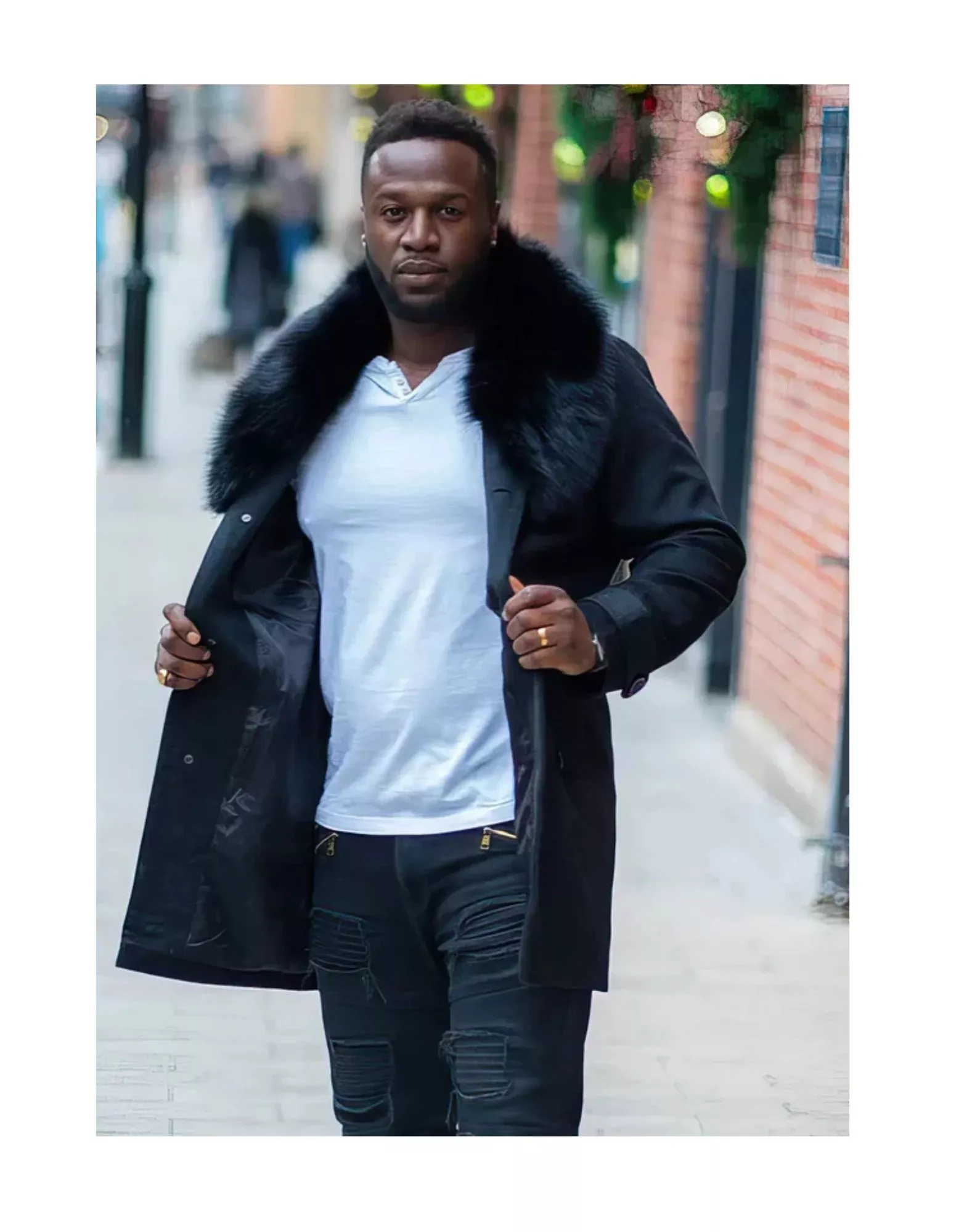 Mens Peacoat With Fur Collar- Black Wool Coat