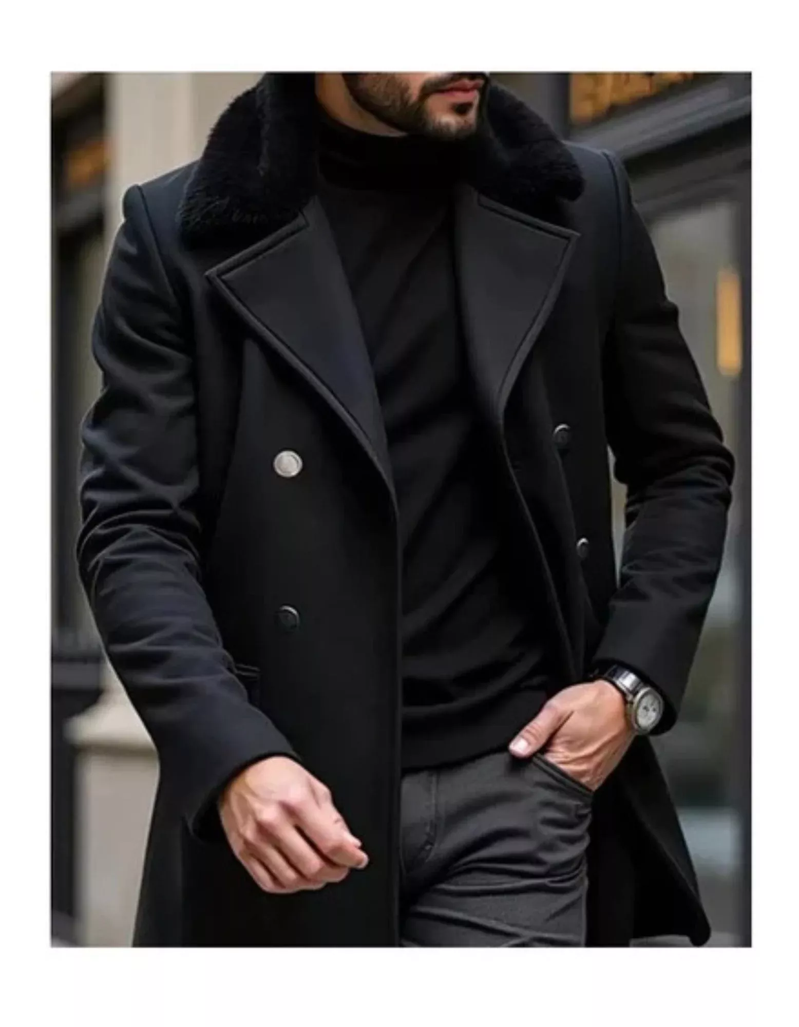 Mens Peacoat With Fur Collar- Black Wool Double Breasted Coat